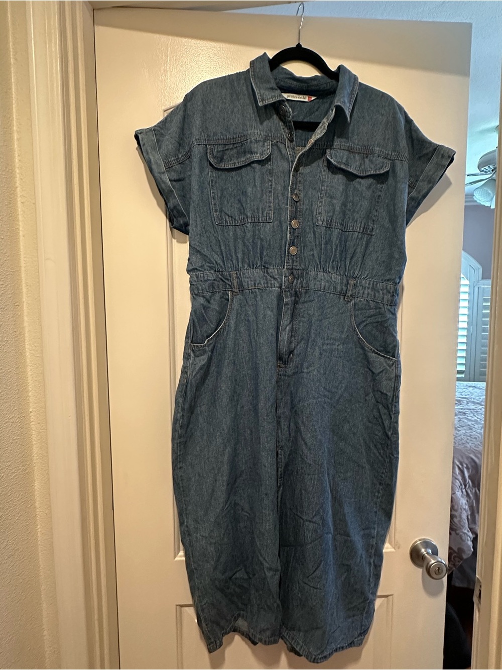 XL Denim Button-Front Jumpsuit Dress Color: Medium Blue